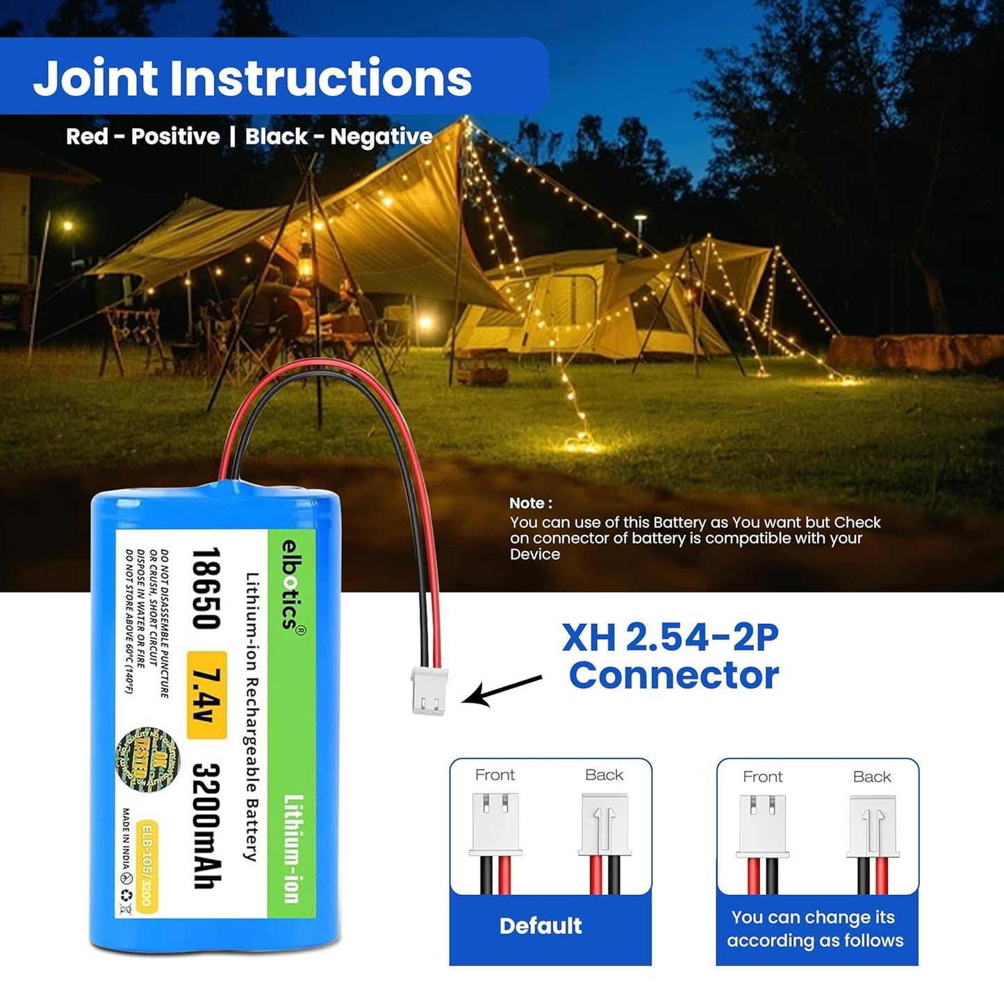 ELBOTICS 7.4V 3200mAh Li-ion Rechargeable Battery Pack with JST XH2.54 2-Pin Connector for RC Cars, RC Boats, RC Helicopters, Toys & Electronics