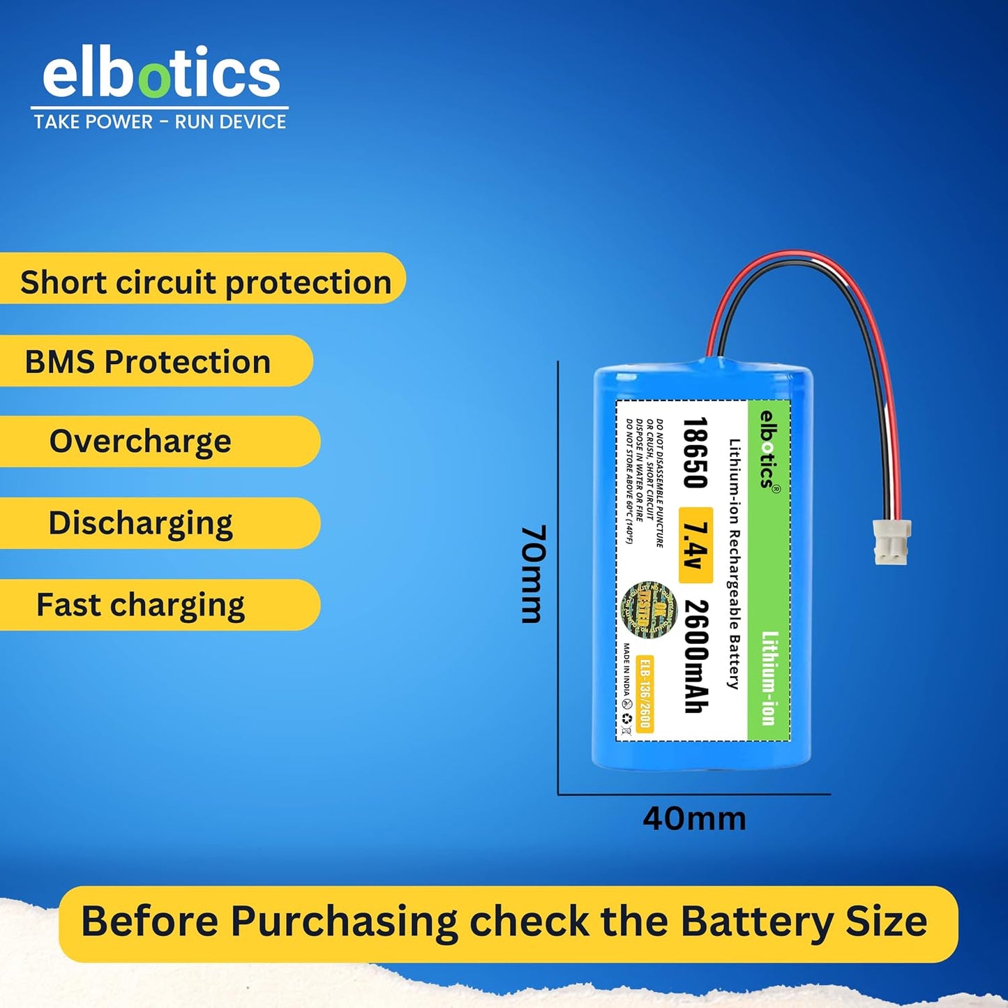 ELBOTICS 7.4V 2600mAh Li-ion Rechargeable Battery with 5264 2-Pin Connector for WEP BP-2100 Billing Printer, Bluetooth Speaker, Solar Light & Compatible Devices