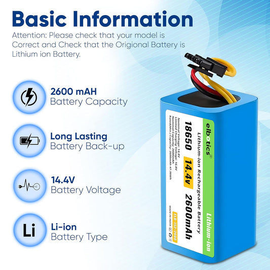 ELBOTICS 14.4V 2600mAh 37.44Wh Li-ion Replacement Battery Compatible with Cecotec Conga 1290 1390 1490 1590, Lifero RX9, 360 S5 S7 Pro T90 Robot Vacuum
