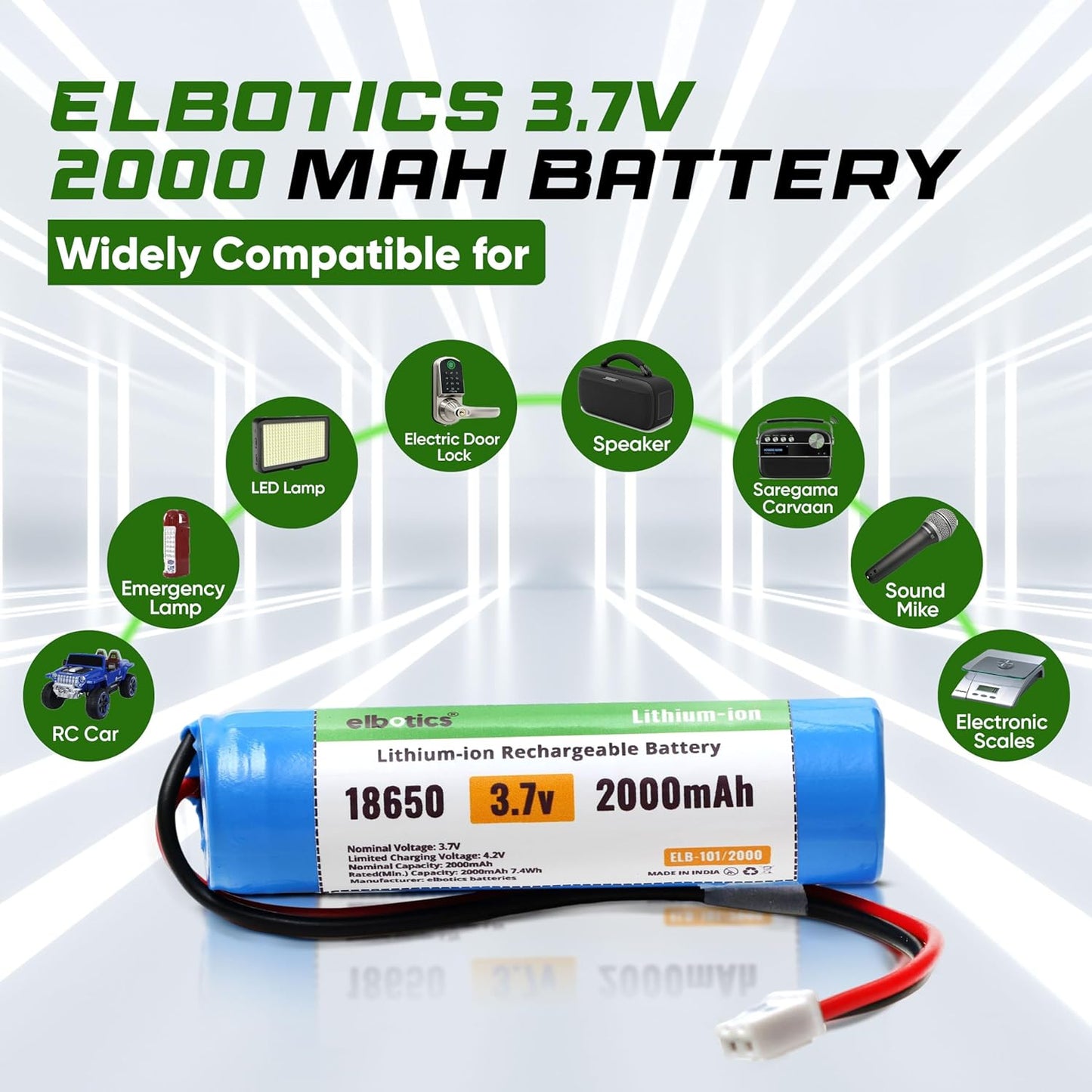ELBOTICS 3.7V 2000mAh Li-ion Rechargeable Battery with XH2.54 2-Pin Connector for DIY Electronics, Toys & Bluetooth Devices