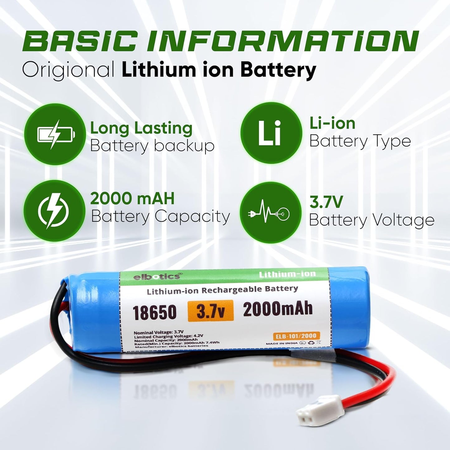 ELBOTICS 3.7V 2000mAh Li-ion Rechargeable Battery with XH2.54 2-Pin Connector for DIY Electronics, Toys & Bluetooth Devices