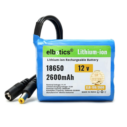 ELBOTICS 12V 2600mAh 3S 18650 Li-ion Rechargeable Battery Pack (11.1V–12.6V) for IoT Devices, Robotics, Bluetooth Speakers & DIY Electronics