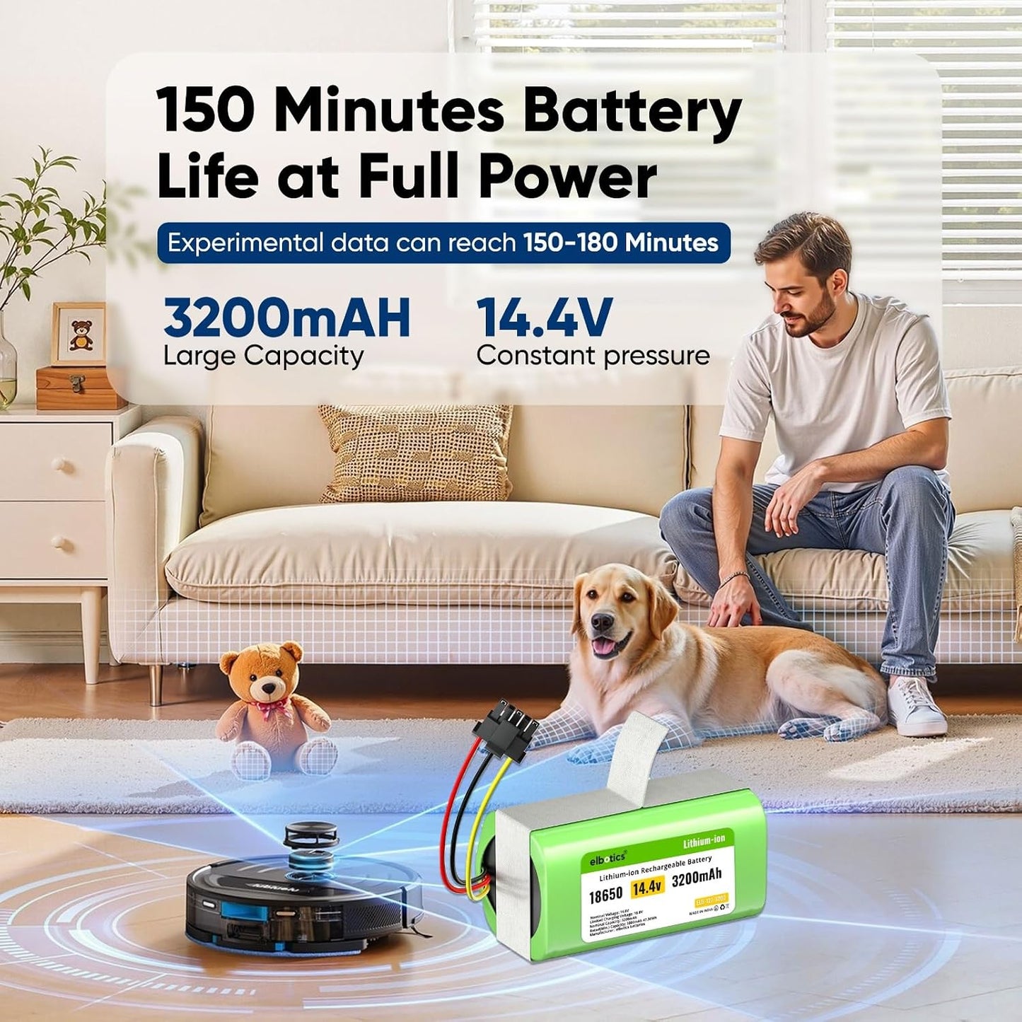 ELBOTICS 14.4V 3200mAh Li-ion Replacement Battery with 5-Pin Connector for Eufy L50, L60, L60 SES, L60 Hybrid, Roomba Combo & Vac Essential Robot Vacuum