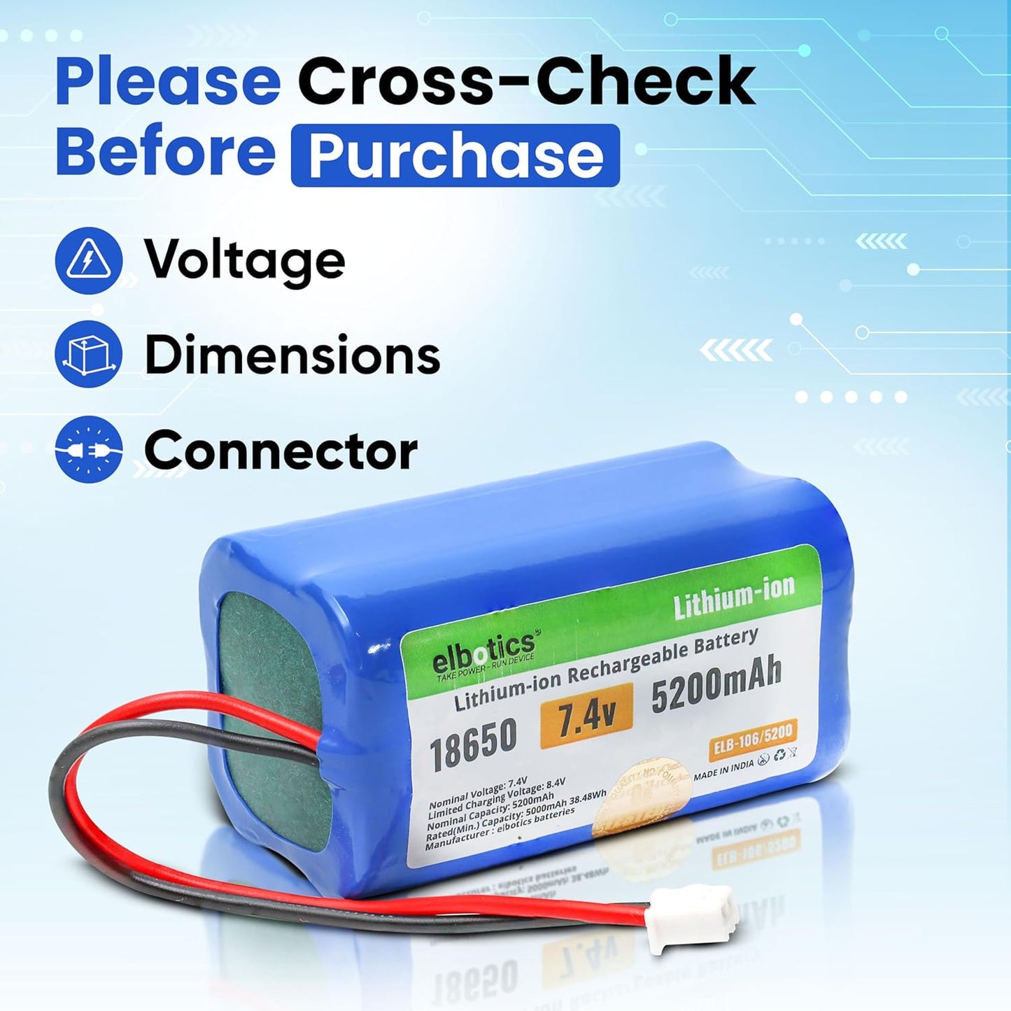 ELBOTICS 7.4V 5200mAh Li-ion Rechargeable Battery Pack with JST XH2.54 2-Pin Connector for RC Cars, RC Boats, RC Helicopters, Toys & Electronics