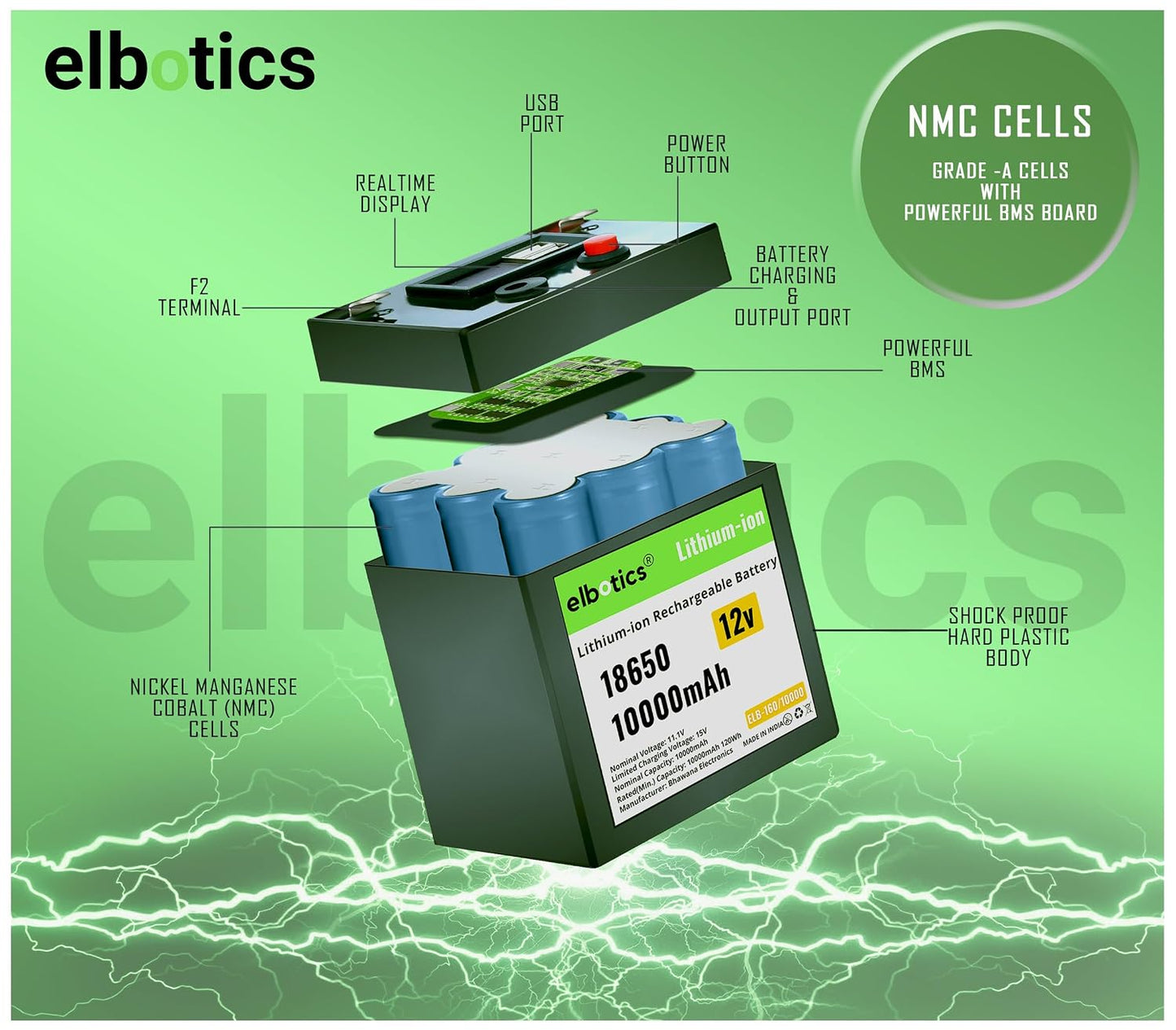 ELBOTICS 12V 10000mAh NMC Rechargeable Lithium Battery with Built-in BMS – 1000+ Deep Cycles for Solar, Camping, DC Fan, IoT & Backup Power