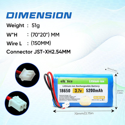ELBOTICS 3.7V 5200mAh Rechargeable Li-ion Battery with JST XH2.54 2-Pin Connector for Bluetooth Speakers, LED Lights & DIY Electronics