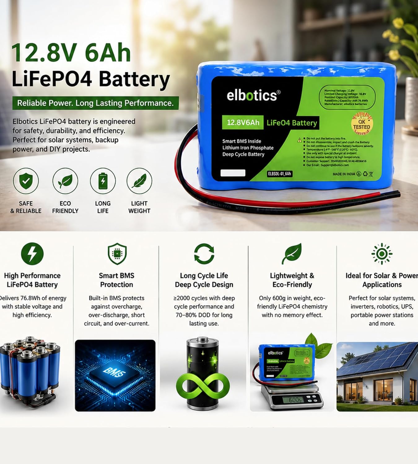 ELBOTICS 12.8V 6Ah LiFePO4 Battery with Smart BMS – 76.8Wh Deep Cycle Lithium Battery for Solar, Inverter, Backup & DIY Projects (2 Year Warranty)