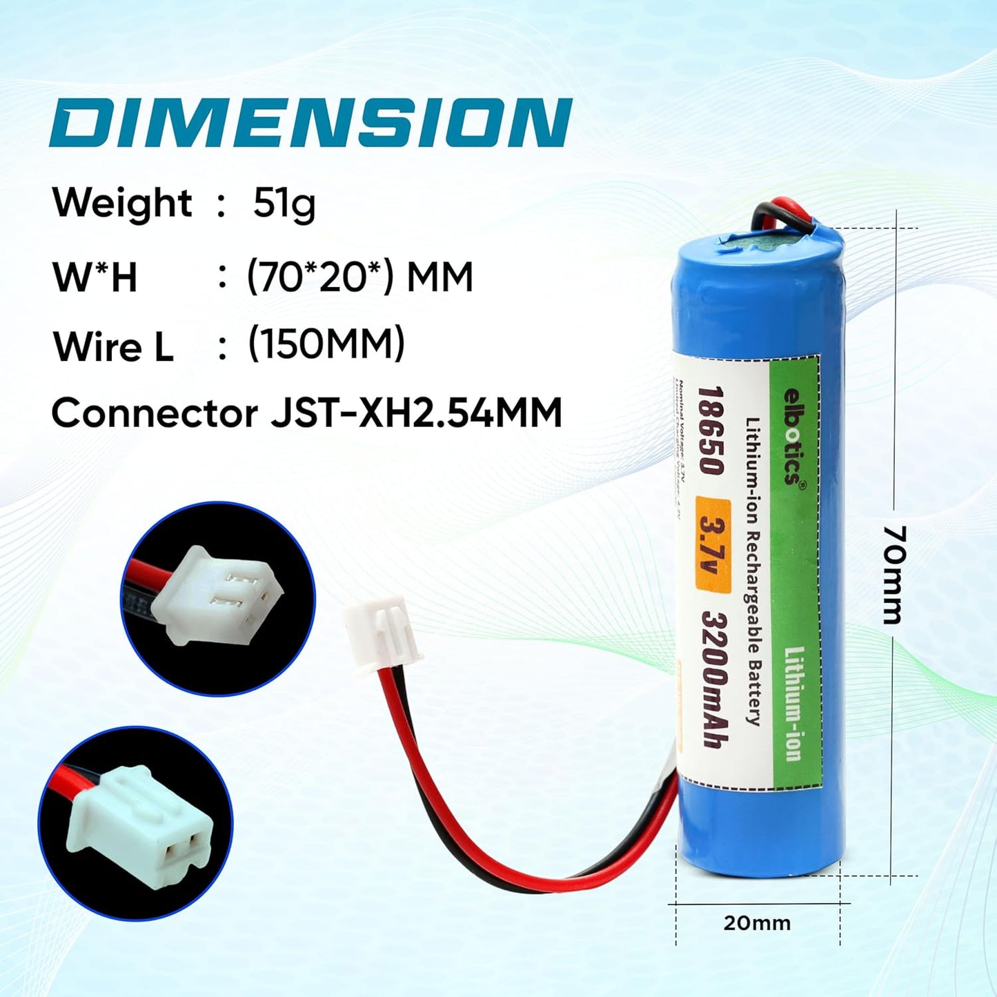ELBOTICS 3.7V 3200mAh Li-ion Rechargeable Battery with XH2.54 2-Pin Connector