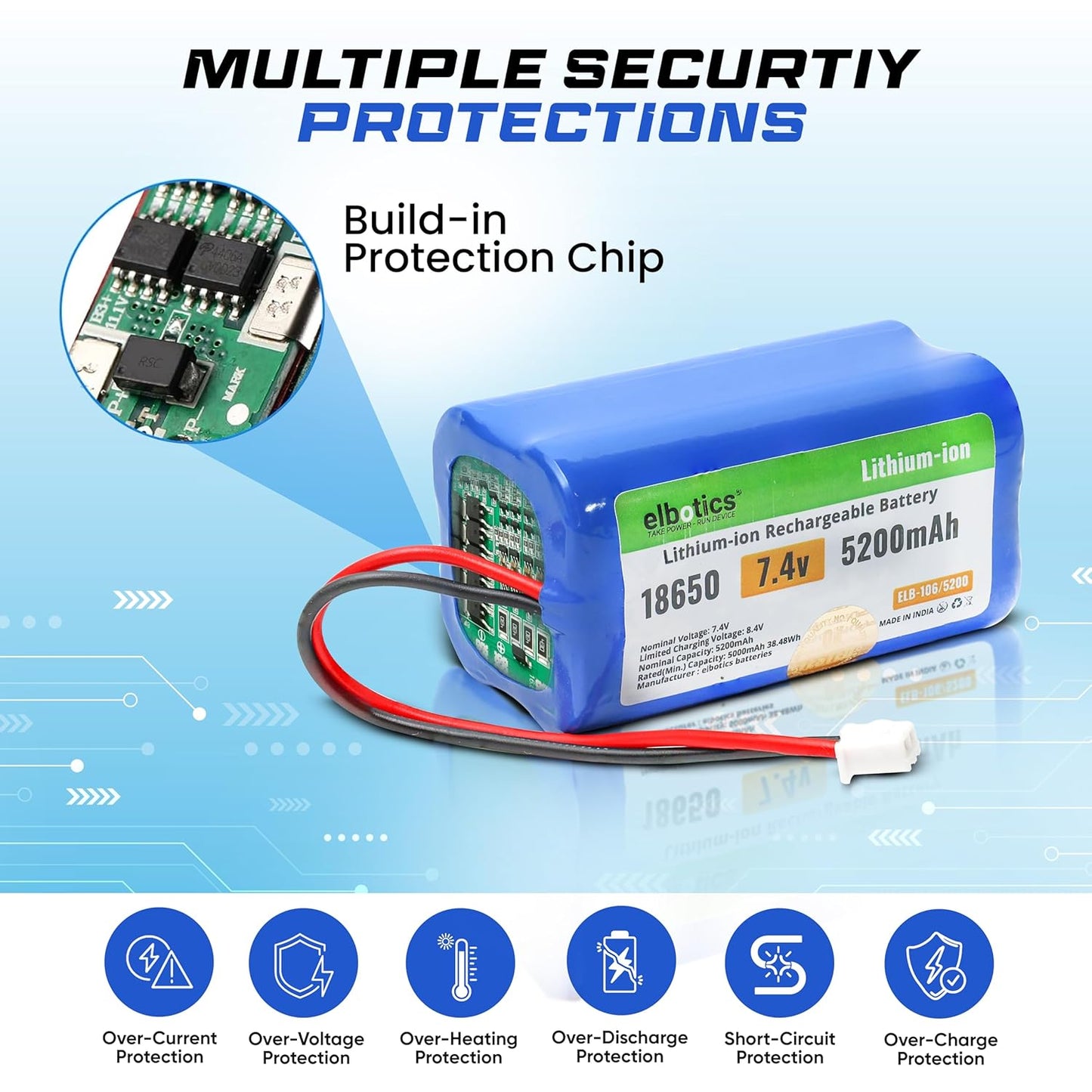 ELBOTICS 7.4V 5200mAh Li-ion Rechargeable Battery Pack with JST XH2.54 2-Pin Connector for RC Cars, RC Boats, RC Helicopters, Toys & Electronics