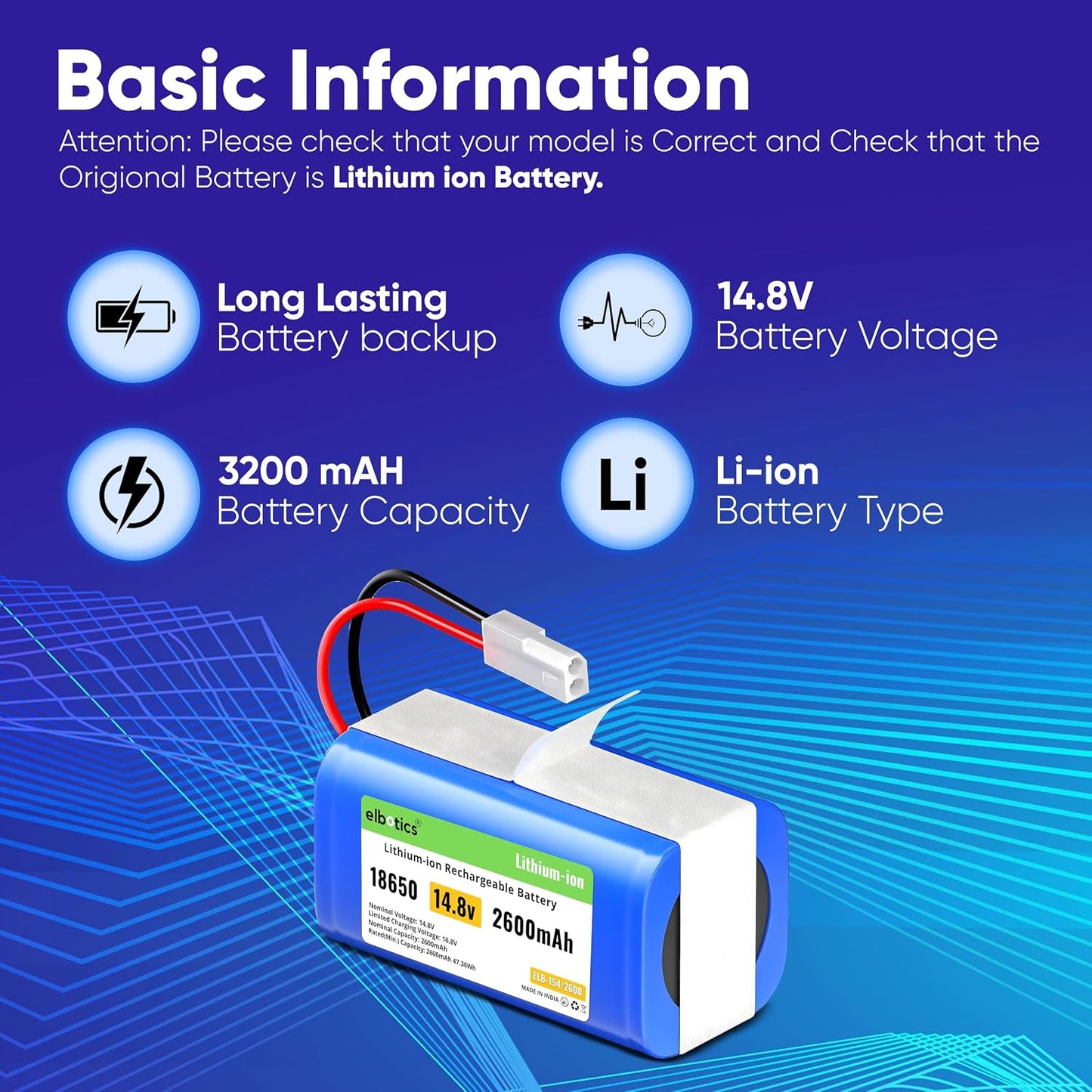 ELBOTICS 14.8V 2600mAh Li-ion Replacement Battery for Xiaomi Mijia G1 Mi Robot Vacuum Mop Essential, Panasonic, Phicomm, Puppyoo & Flyco