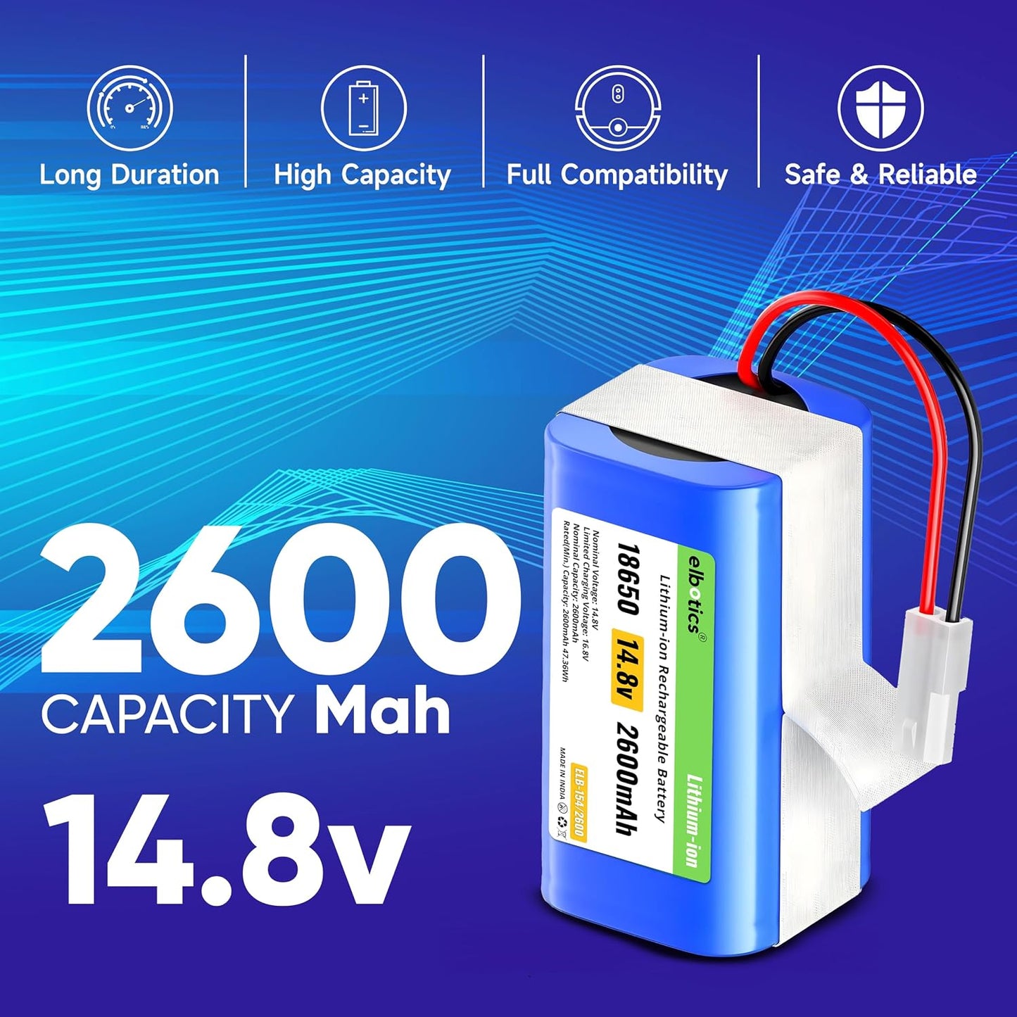 ELBOTICS 14.8V 2600mAh Li-ion Replacement Battery for Xiaomi Mijia G1 Mi Robot Vacuum Mop Essential, Panasonic, Phicomm, Puppyoo & Flyco
