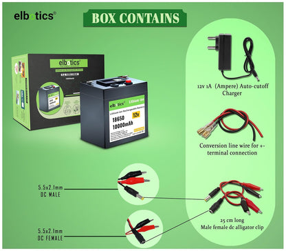 ELBOTICS 12V 10000mAh NMC Rechargeable Lithium Battery with Built-in BMS – 1000+ Deep Cycles for Solar, Camping, DC Fan, IoT & Backup Power
