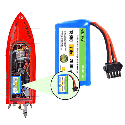 ELBOTICS 7.4V 2000mAh Rechargeable Li-ion RC Battery with SM-4P Plug & USB Charger for Huanqi 961, 962, UDI902, UDI002 RC Boat, Car & Toys