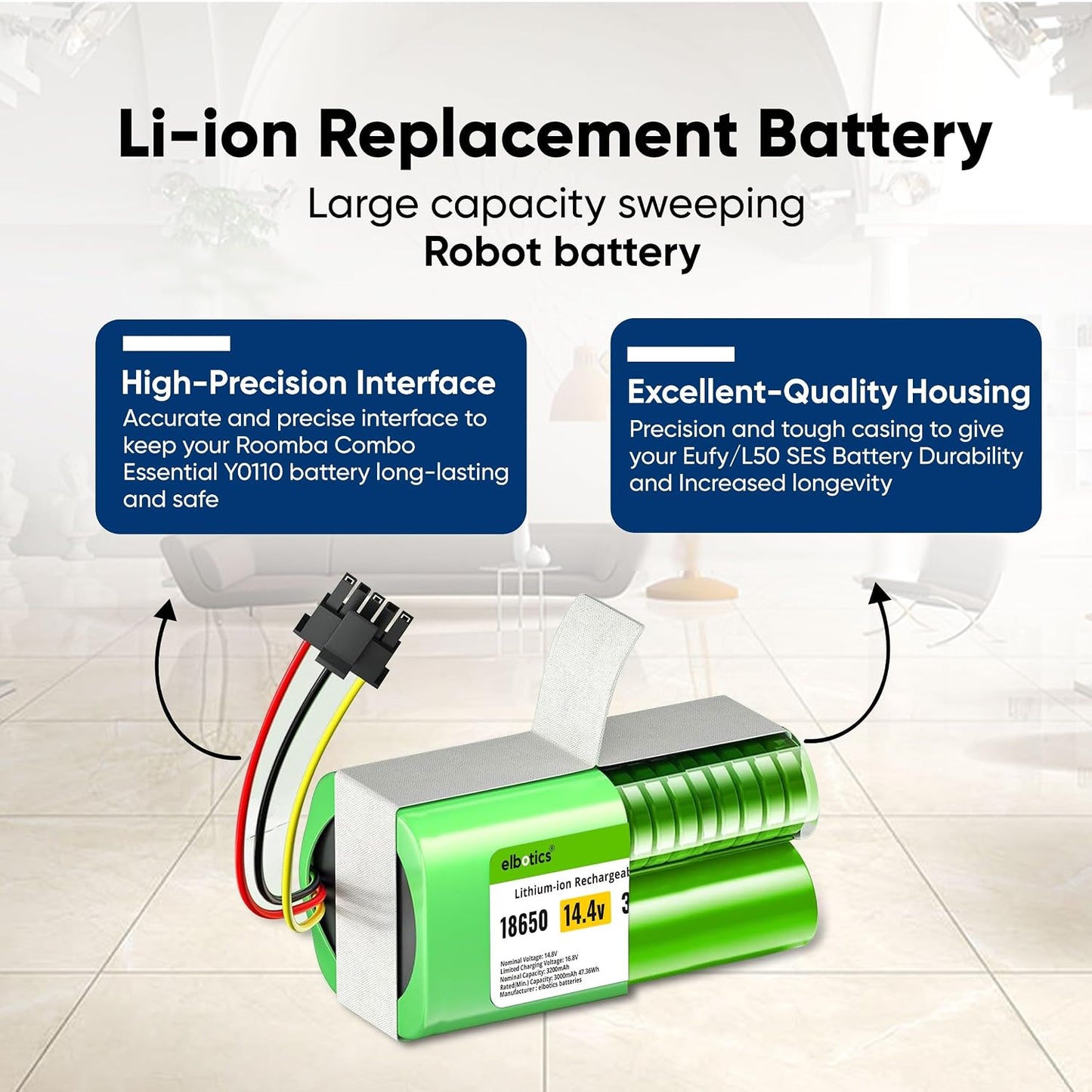 ELBOTICS 14.4V 3200mAh Li-ion Replacement Battery with 5-Pin Connector for Eufy L50, L60, L60 SES, L60 Hybrid, Roomba Combo & Vac Essential Robot Vacuum
