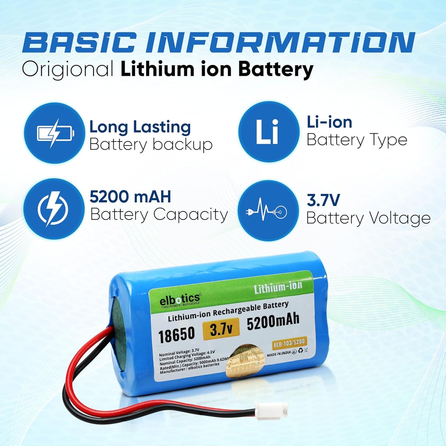 ELBOTICS 3.7V 5200mAh Rechargeable Li-ion Battery with JST XH2.54 2-Pin Connector for Bluetooth Speakers, LED Lights & DIY Electronics