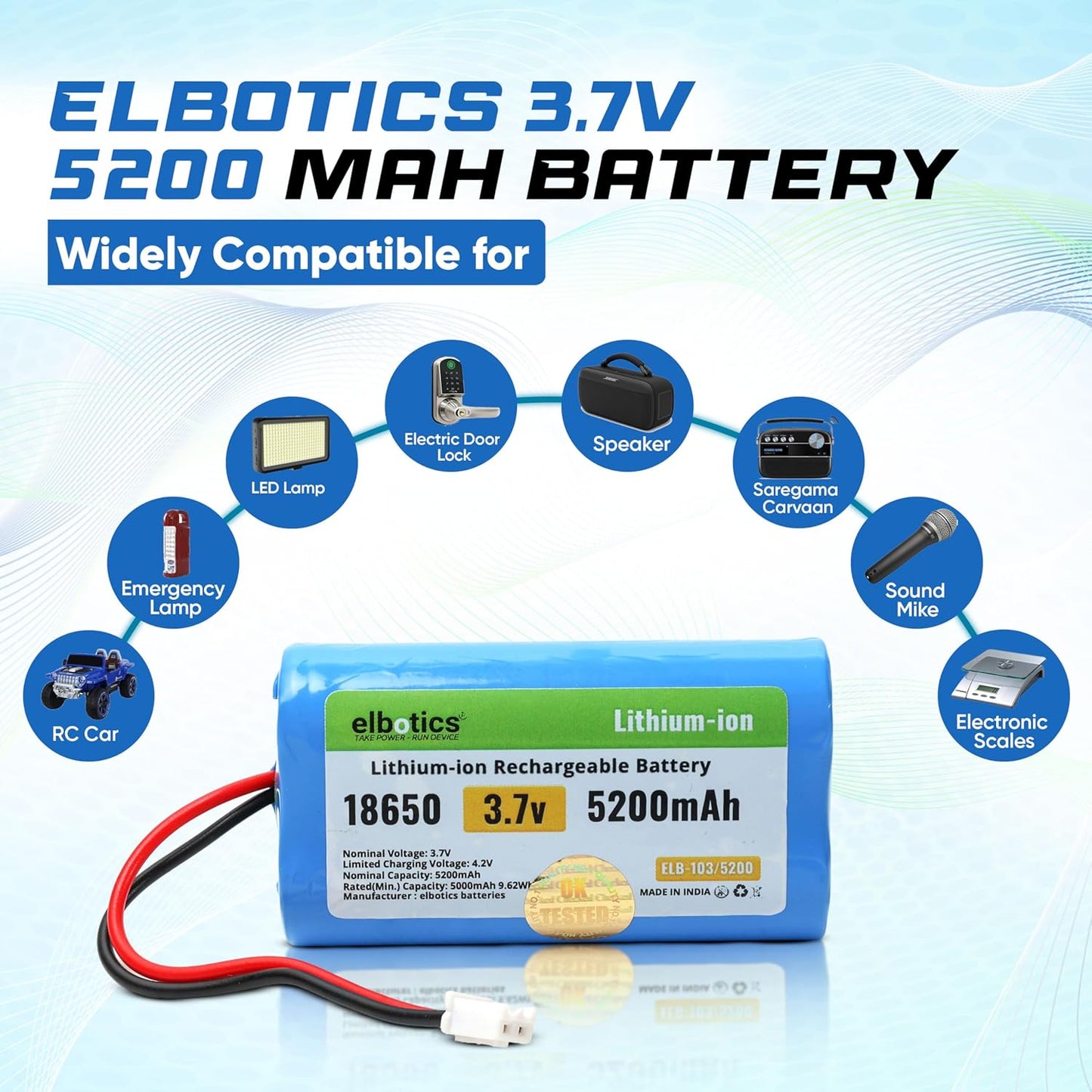 ELBOTICS 3.7V 5200mAh Rechargeable Li-ion Battery with JST XH2.54 2-Pin Connector for Bluetooth Speakers, LED Lights & DIY Electronics