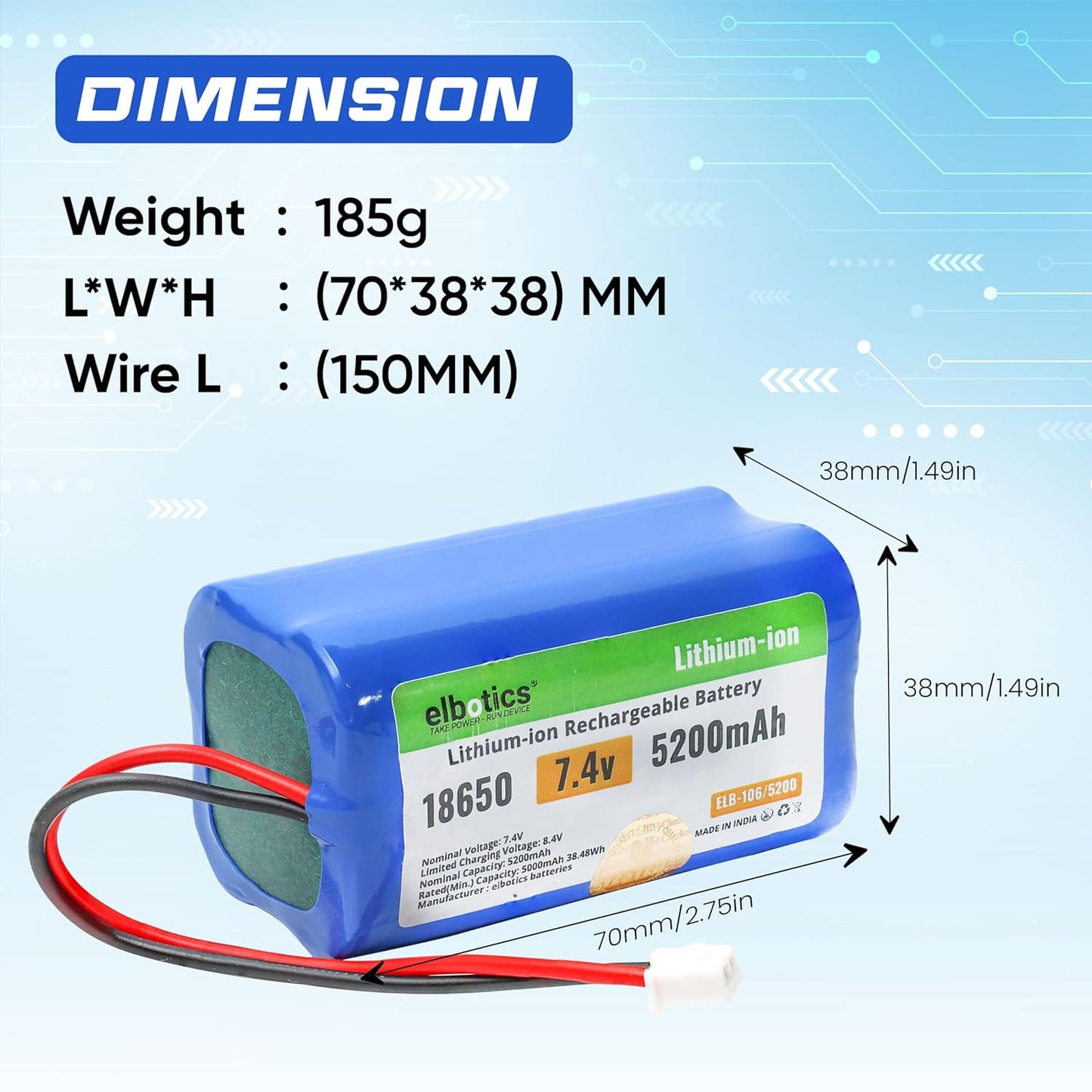 ELBOTICS 7.4V 5200mAh Li-ion Rechargeable Battery Pack with JST XH2.54 2-Pin Connector for RC Cars, RC Boats, RC Helicopters, Toys & Electronics