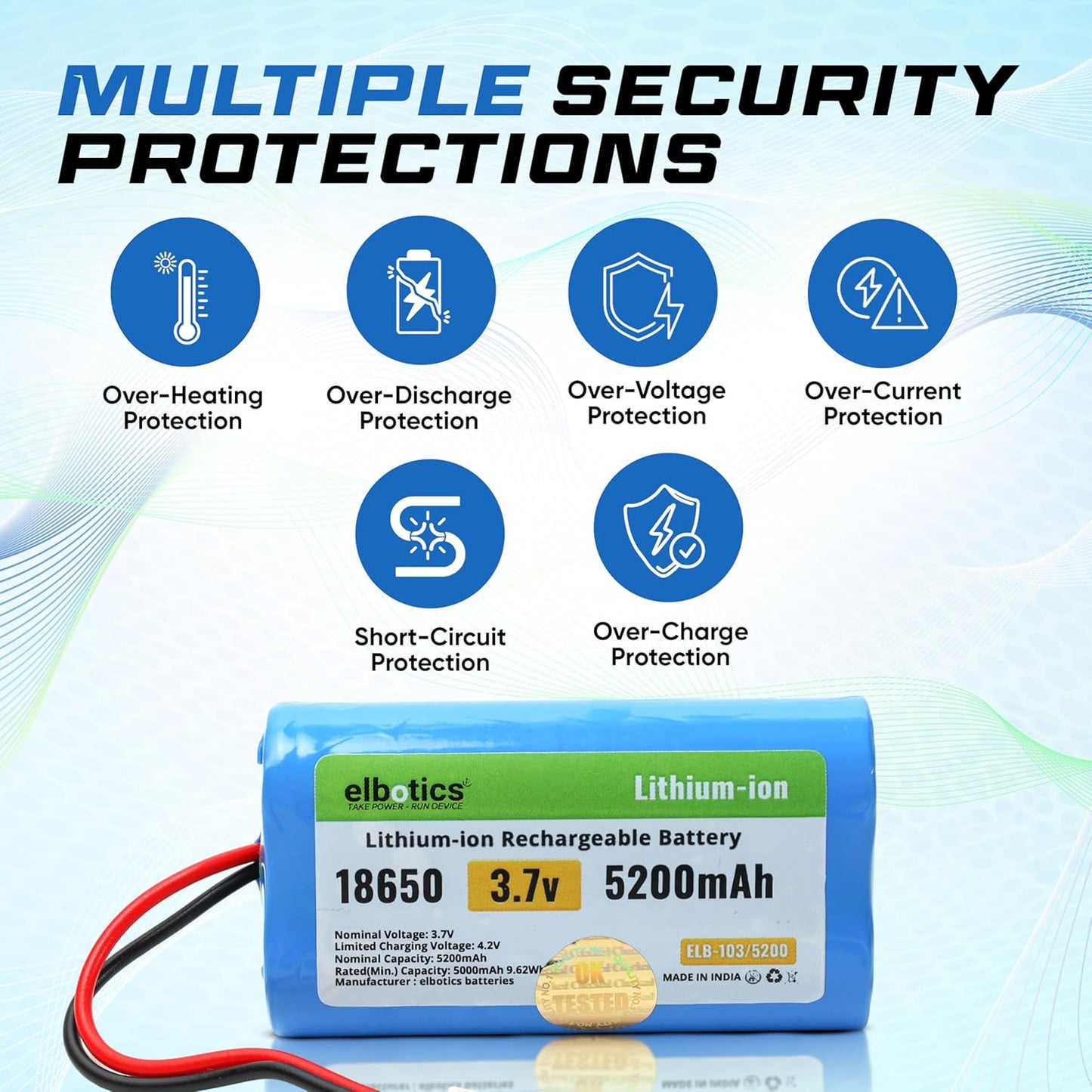 ELBOTICS 3.7V 5200mAh Rechargeable Li-ion Battery with JST XH2.54 2-Pin Connector for Bluetooth Speakers, LED Lights & DIY Electronics