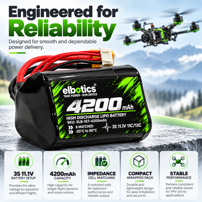 ELBOTICS 11.1V 4200mAh 3S1P Li-ion Drone Battery Pack | Molicel P42A Cells | 11C High Discharge | XT60 Connector for FPV Drones & UAVs