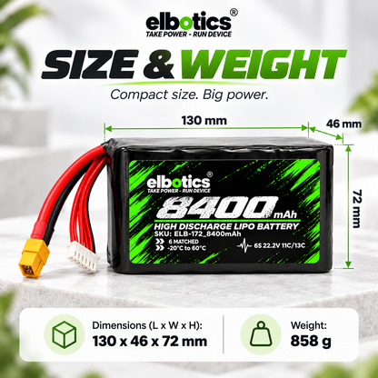 Elbotics 22.2V 8400mAh P42A  11C 6S2P Li-ion Drone Battery with XT60 for 7 Inch FPV and Small E-VTOL Drones