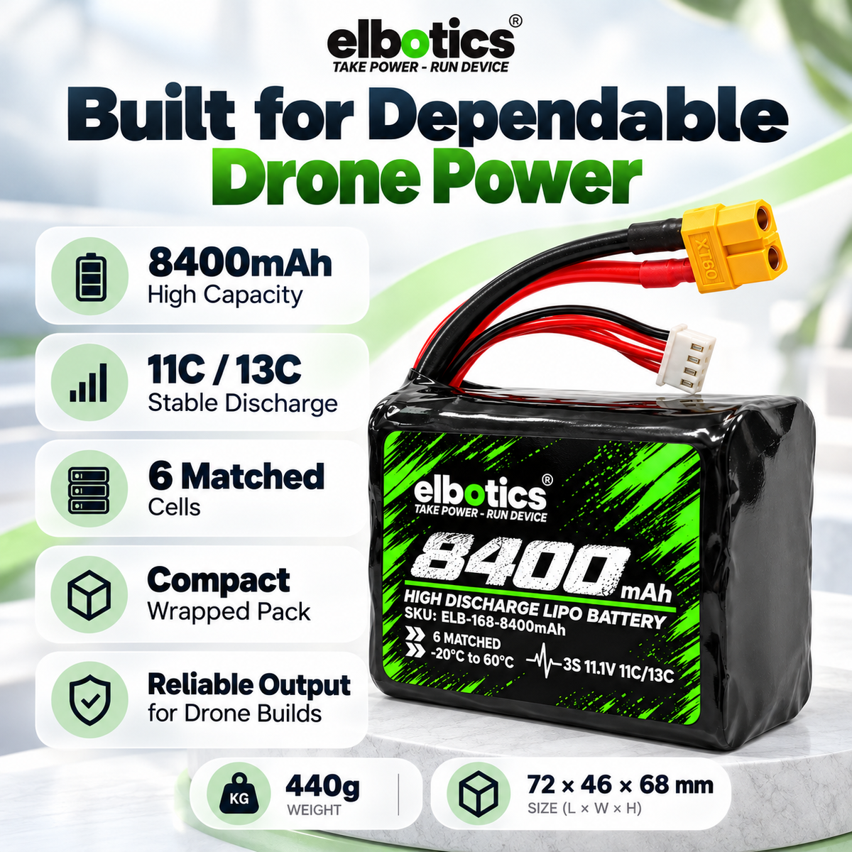 ELBOTICS 11.1V 8400mAh Li-ion Drone Battery Pack | Molicel P42A Cells | 11C High Discharge | XT60 Connector for FPV Drones & UAVs