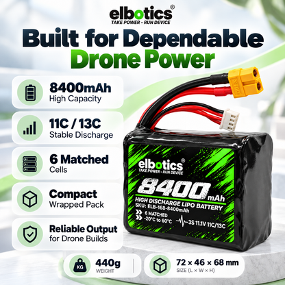 ELBOTICS 11.1V 8400mAh Li-ion Drone Battery Pack | Molicel P42A Cells | 11C High Discharge | XT60 Connector for FPV Drones & UAVs