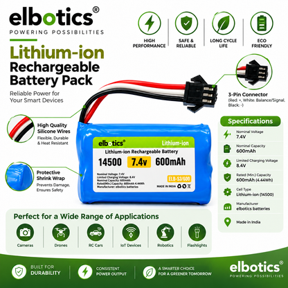 ELBOTICS 7.4V 600mAh 2S Li-ion Rechargeable Battery – 4 Wire Connector for RC Cars & Toys