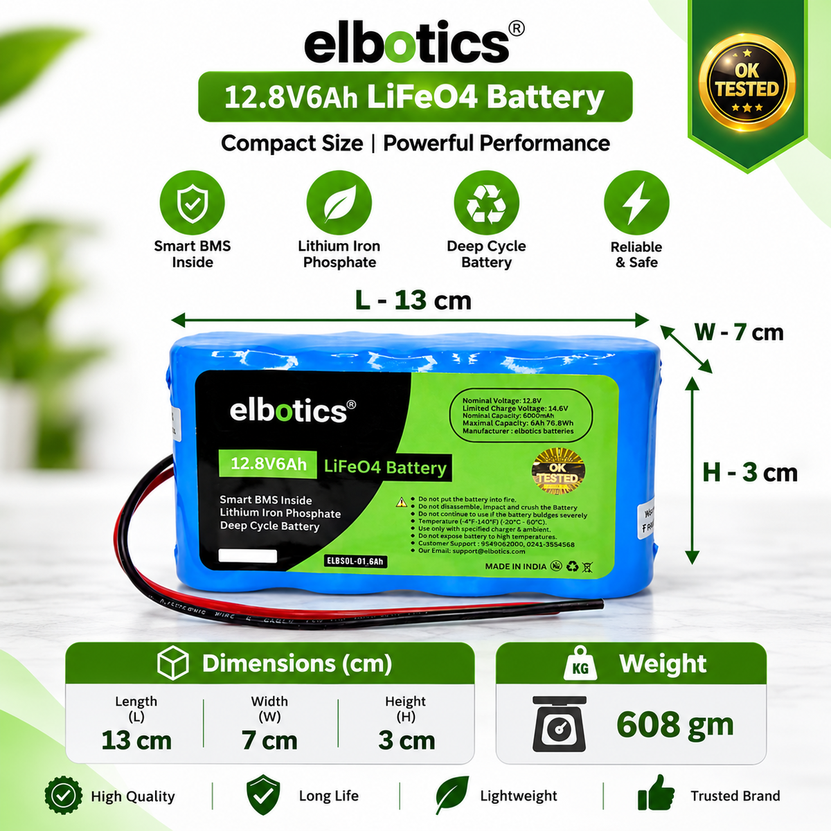 ELBOTICS 12.8V 6Ah LiFePO4 Battery with Smart BMS – 76.8Wh Deep Cycle Lithium Battery for Solar, Inverter, Backup & DIY Projects (2 Year Warranty)