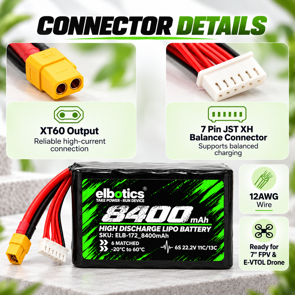 Elbotics 22.2V 8400mAh P42A  11C 6S2P Li-ion Drone Battery with XT60 for 7 Inch FPV and Small E-VTOL Drones