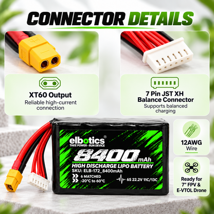 Elbotics 22.2V 8400mAh P42A  11C 6S2P Li-ion Drone Battery with XT60 for 7 Inch FPV and Small E-VTOL Drones