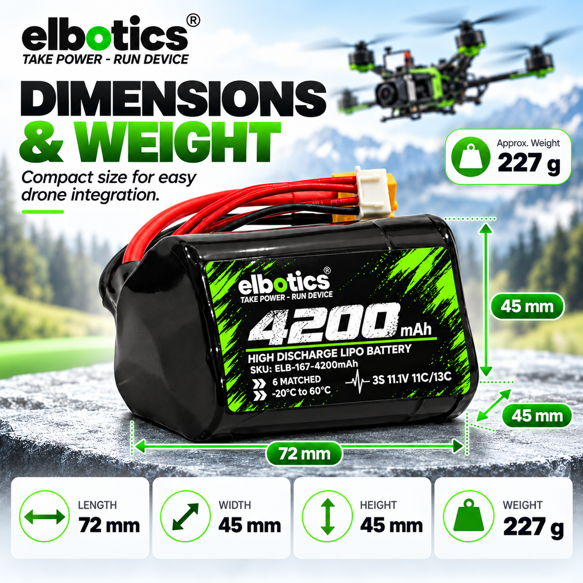 ELBOTICS 11.1V 4200mAh 3S1P Li-ion Drone Battery Pack | Molicel P42A Cells | 11C High Discharge | XT60 Connector for FPV Drones & UAVs