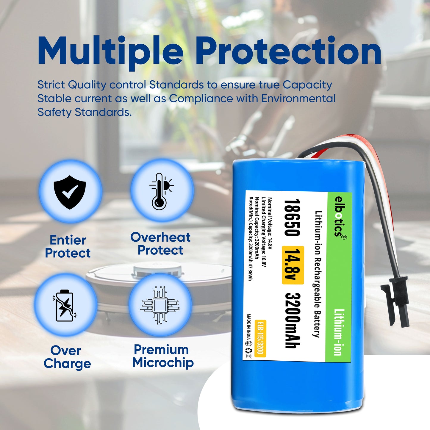 ELBOTICS 14.8V 3200mAh Li-ion Replacement Battery Pack for Qihoo 360 S5, S7, S7 Pro, T9, T90 & X9 Robot Vacuum Cleaner