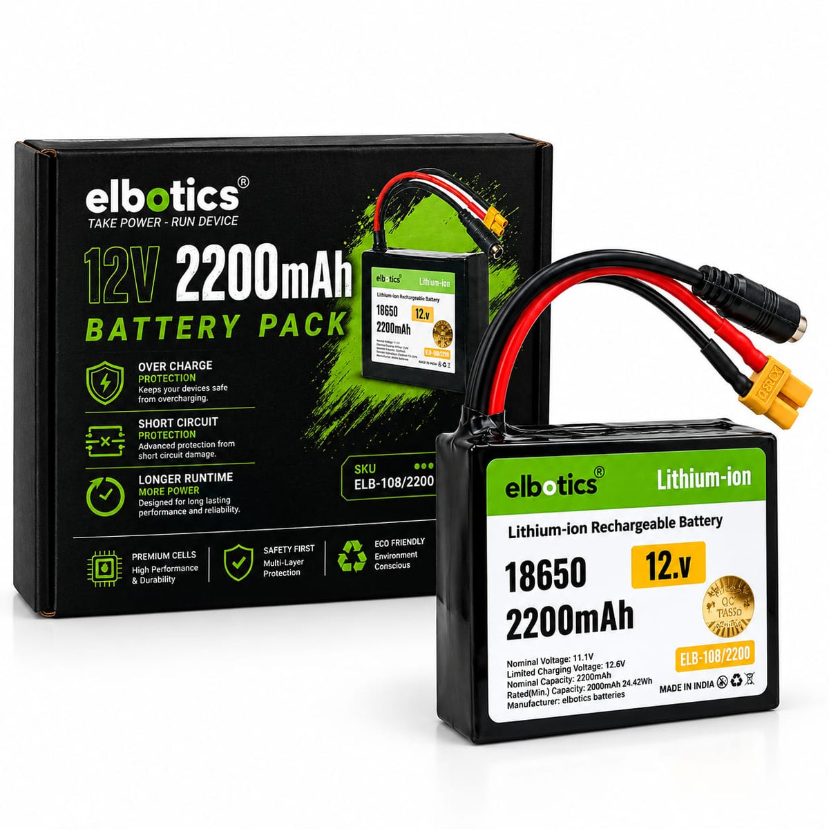 ELBOTICS 12V 2200mAh Lithium-ion Rechargeable Battery Pack | 3S 18650, 11.1V–12.6V | For CCTV, Robotics, IoT & DIY Projects