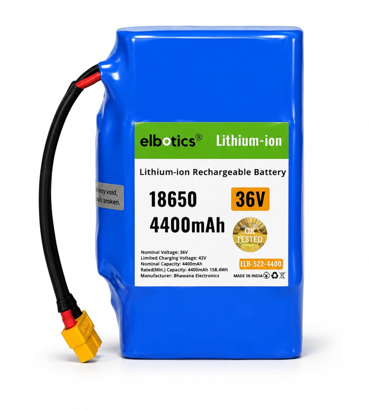 ELBOTICS 36V 4400mAh Lithium-Ion Rechargeable Battery Pack with BMS & XT60 Connector