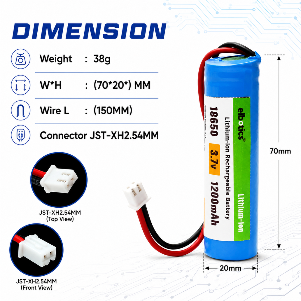 ELBOTICS 3.7V 1200mAh Li-ion Rechargeable Battery with XH2.54 2-Pin Connector for DIY Projects, Toys & Electronics