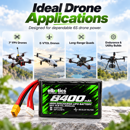 Elbotics 22.2V 8400mAh P42A  11C 6S2P Li-ion Drone Battery with XT60 for 7 Inch FPV and Small E-VTOL Drones