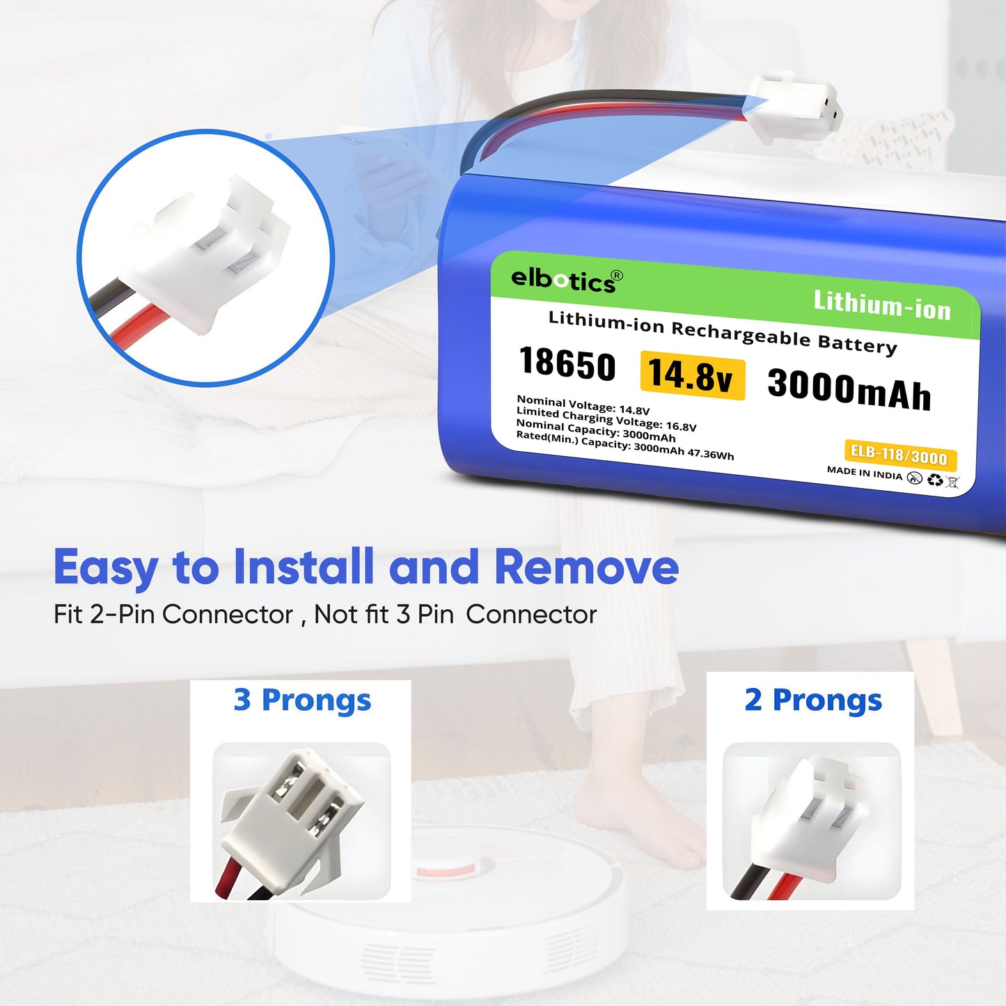 ELBOTICS 14.8V 3000mAh Li-ion Replacement Battery for Shark Ion Robot RV850, RV850BRN, RV850C, RV850WV, RV851WV, RV871, RV871C, RV720N, RV725N, RV761, RV1000S & UR1000SR (2-Prong Connector)