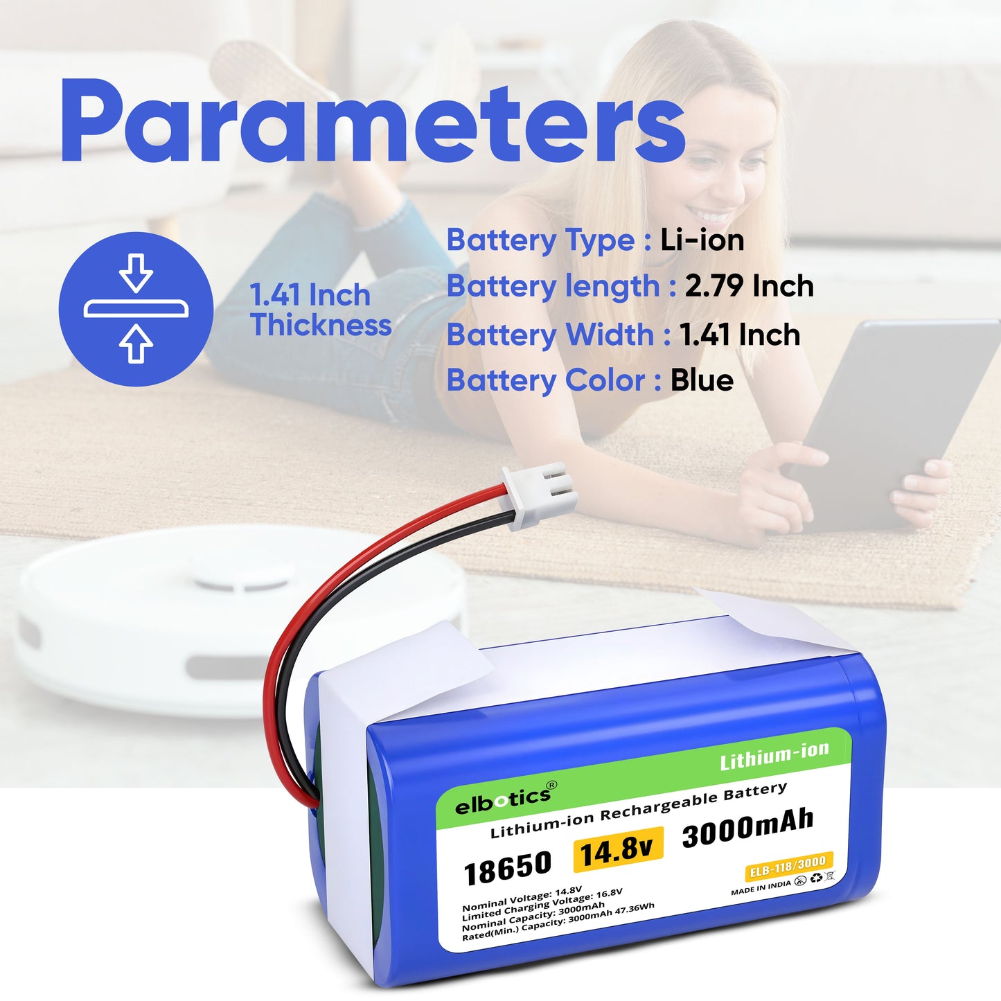 ELBOTICS 14.8V 3000mAh Li-ion Replacement Battery for Shark Ion Robot RV850, RV850BRN, RV850C, RV850WV, RV851WV, RV871, RV871C, RV720N, RV725N, RV761, RV1000S & UR1000SR (2-Prong Connector)