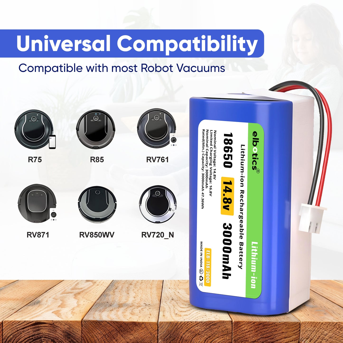 ELBOTICS 14.8V 3000mAh Li-ion Replacement Battery for Shark Ion Robot RV850, RV850BRN, RV850C, RV850WV, RV851WV, RV871, RV871C, RV720N, RV725N, RV761, RV1000S & UR1000SR (2-Prong Connector)